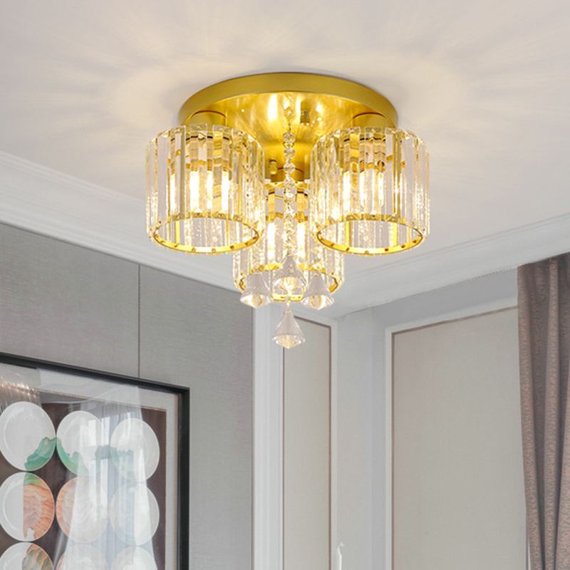 Crystal Prism Gold Finish Ceiling Light Cylindrical 3/5-Head Mid Century Semi Flush Mount Chandelier