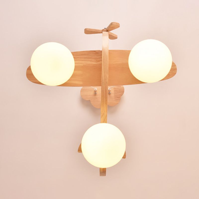 3 lumières Airplane Pendant Light Aymator Cartoon Suspension en bois Pendante Lumière avec bouche Boule Blanc Shade