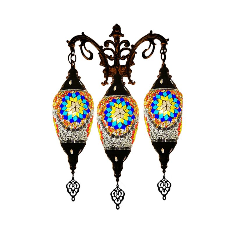 Traditional Oval Wall Mounted Lamp 3 Heads Stained Art Glass Sconce Light in White/Red/Light Blue