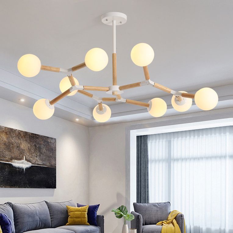 Lampadario molecolare nordico in legno soggiorno luce a sospensione con sfera di vetro opale