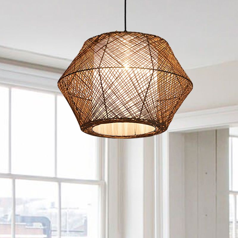 Handmade Ceiling Pendant Light with Geometric Shade Asian Style Rattan Fiber 1 Light Beige Suspended Lamp