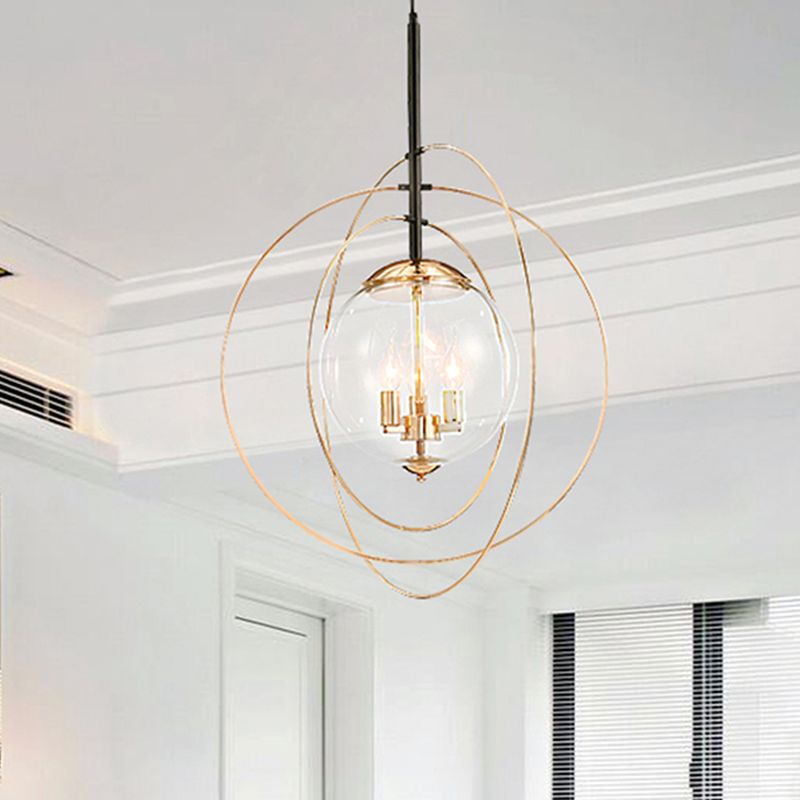 Globe Clear Glass Chandelier Lighting Traditional 3 Light Dining Room Pendant Lighting in White with Ring Design