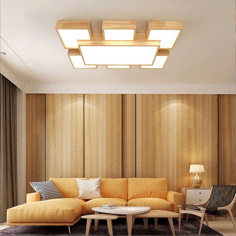 Wooden Flush Mount Ceiling Lighting Fixture Modern Multi-head LED Ceiling Light