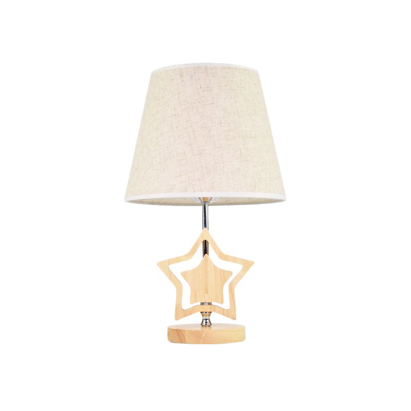 Wood Star Nightstand Lamp Modern 1 Light Table Light with Barrel Fabric Shade in Beige