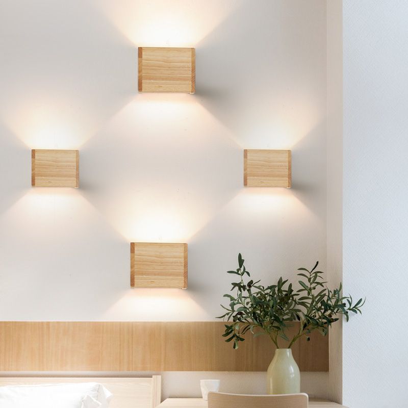 Nordic Style Wood Wall Light Cube Shape 4.5" Wide Wall Sconce for Bedroom