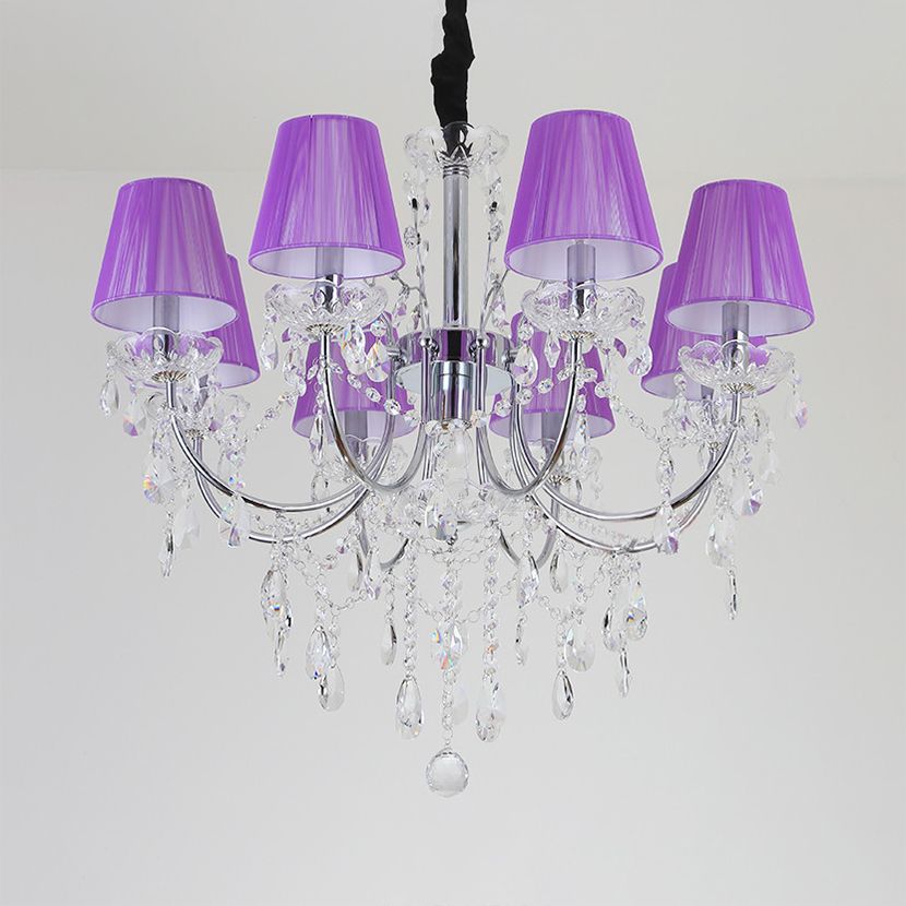 Kids Bedroom Lighting Crystal Chandelies  8 Light Fabric Shade Hanging Light in Nickel Finish