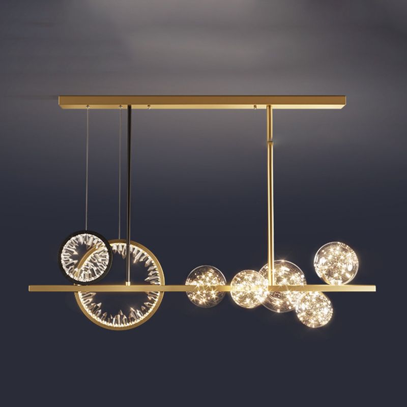 Glass Spherical Island Light Modern Gold LED Hanging Light with Crystal Accents