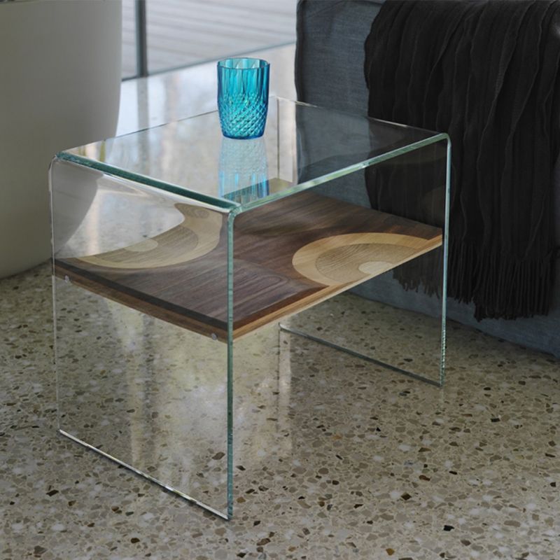 Contemporary Glass Sofa Side Accent Table with Sled Base and Shelf