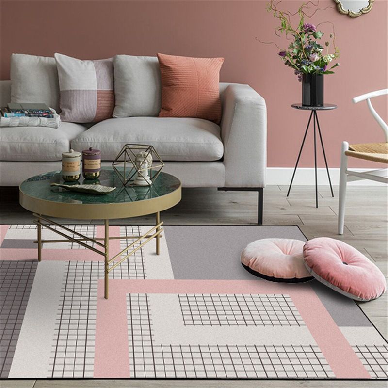 Stylish Pink-Grey Modern Rug Synthetics Geometric Grids Print Carpet Stain Resistant Non-Slip Pet Friendly Rug for Girls Room