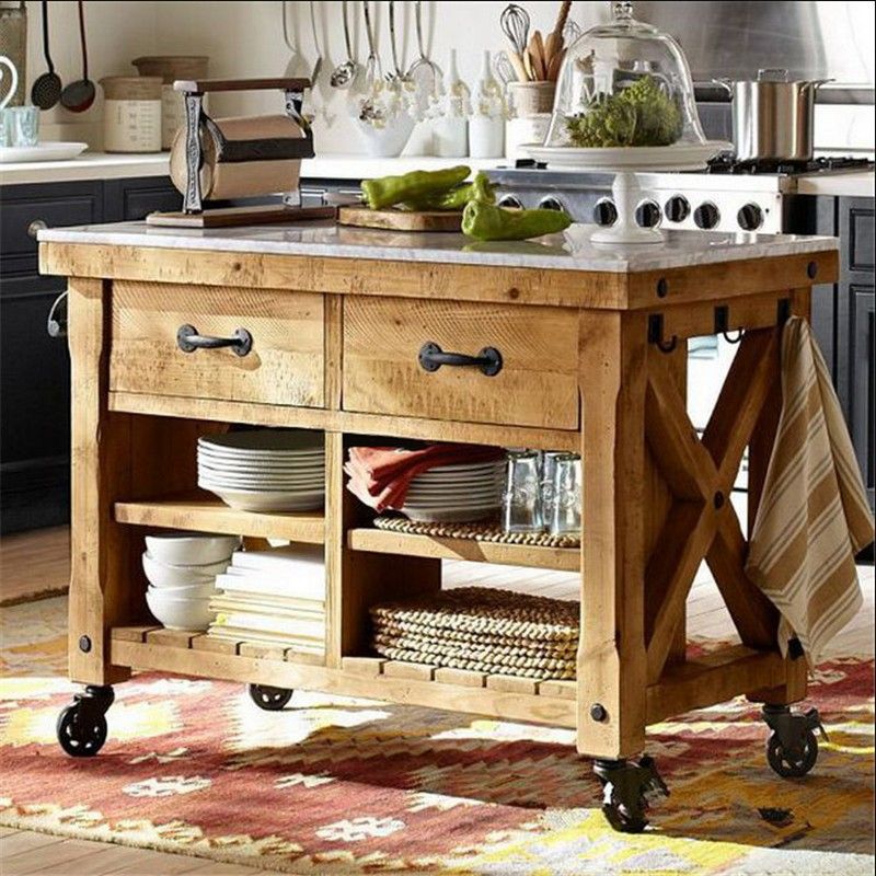 Modern Style Rolling Kitchen Cart Wood Rectangular Kitchen Island Cart with Towel Rack