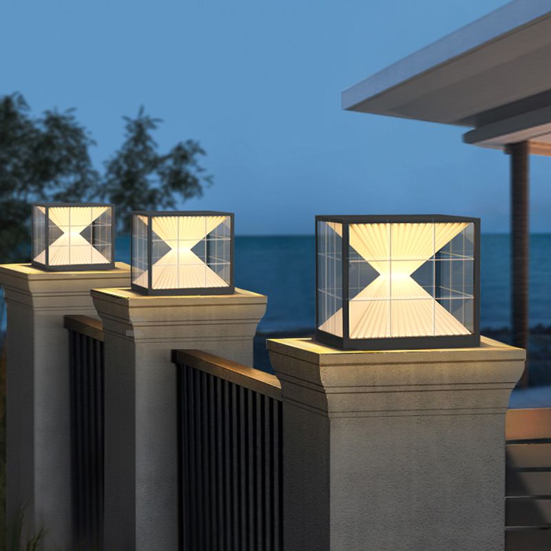 Square Shape Metal Solar Pillar Lamp Modern Style 1 Light Outdoor Light in Black