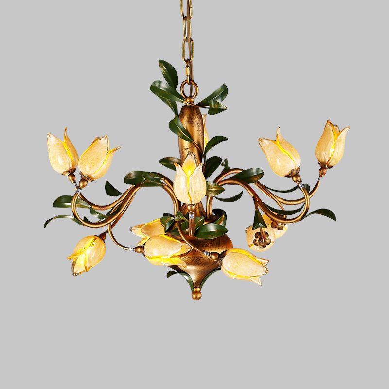 Traditional Blossom Chandelier Lighting Fixture 12 Heads Sandblasted Glass Pendant Ceiling Light in Brass