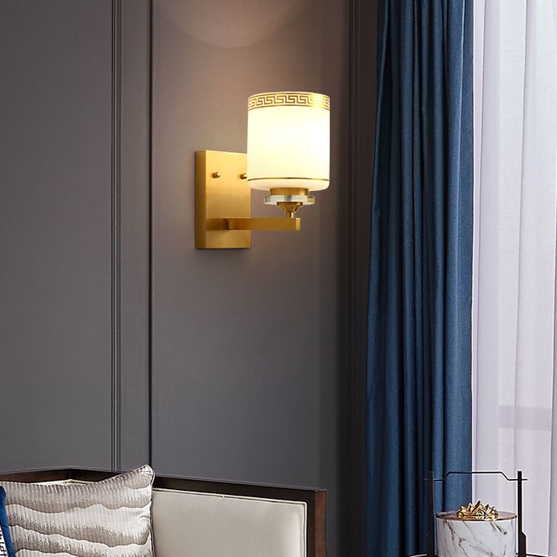 1 Light Wall Mounted Lamp Modern Style Drum Shade White Glass Wall Lighting Fixture in Brass for Hallway