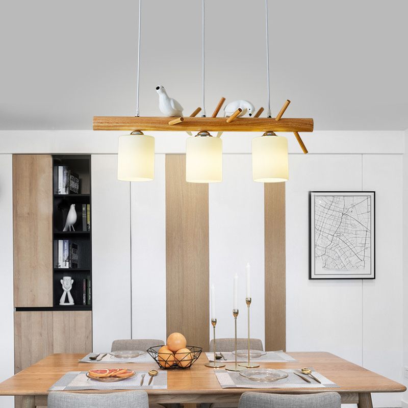 Modern Island Light Wooden Island Hanging Light with Glass Shade for Living Room