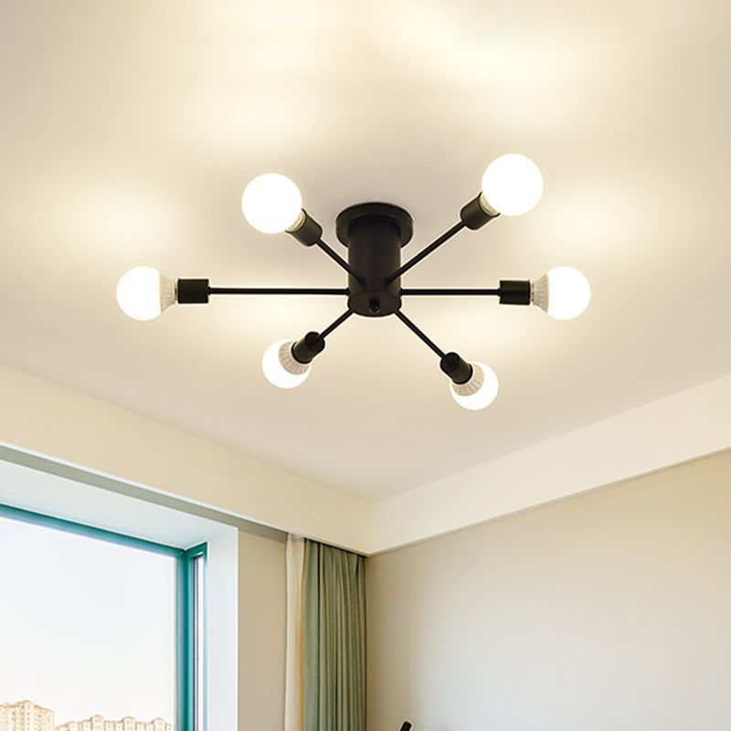 6/8 Heads Ceiling Light Fixture with Exposed Bulb Metal Retro Style Bedroom Semi Flush Mount Lighting in Black/White