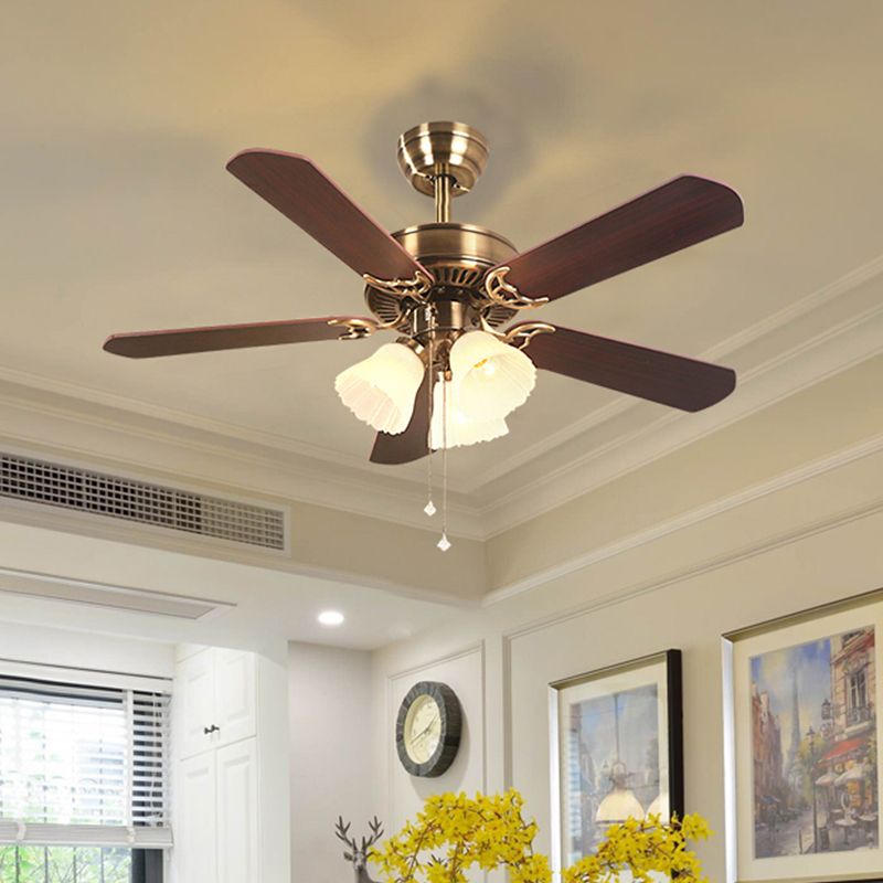 5-Blade Brass Floral Shade Hanging Fan Lamp Classic Frost Glass 3 Bulbs Living Room Semi Flush Light, 42.5" W