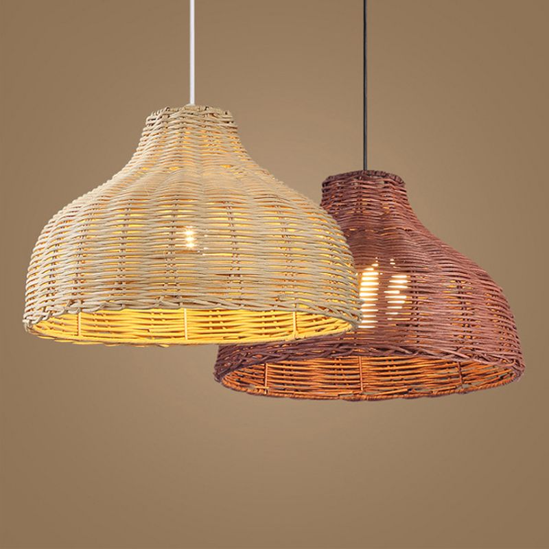 Pot Cover Restaurant Ceiling Light Rattan 1 Bulb Asian Style Hanging Light Fixture