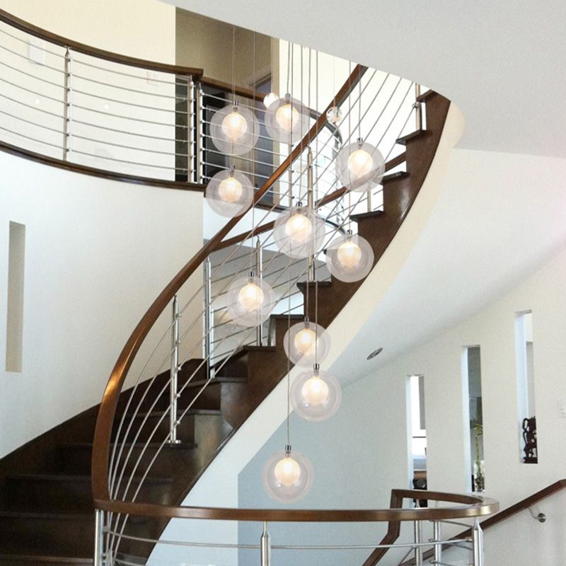 10 Lights Globe Cluster Pendant Modern White/Pink Glass LED Hanging Ceiling Light for Stair