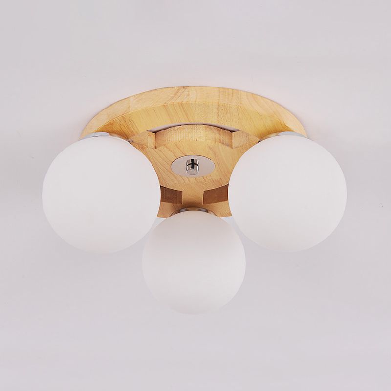 White Glass Globe Flush Mount Light Simplicity Flush Mount Ceiling Light with Wooden Canopy