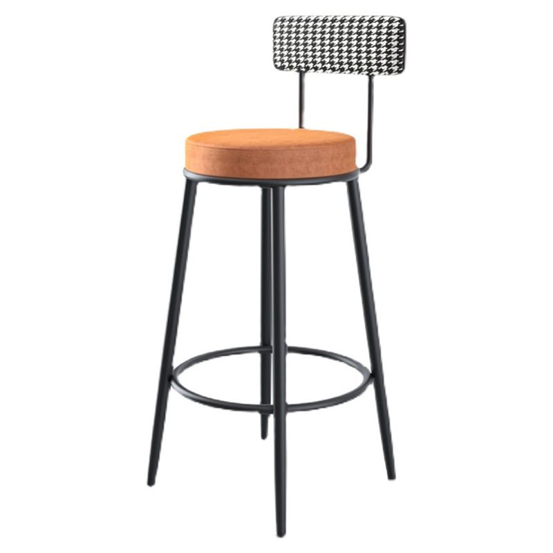 Fabric Round Seat Counter Stool Scandinavian Low Back Barstool with 4 Black Iron Legs