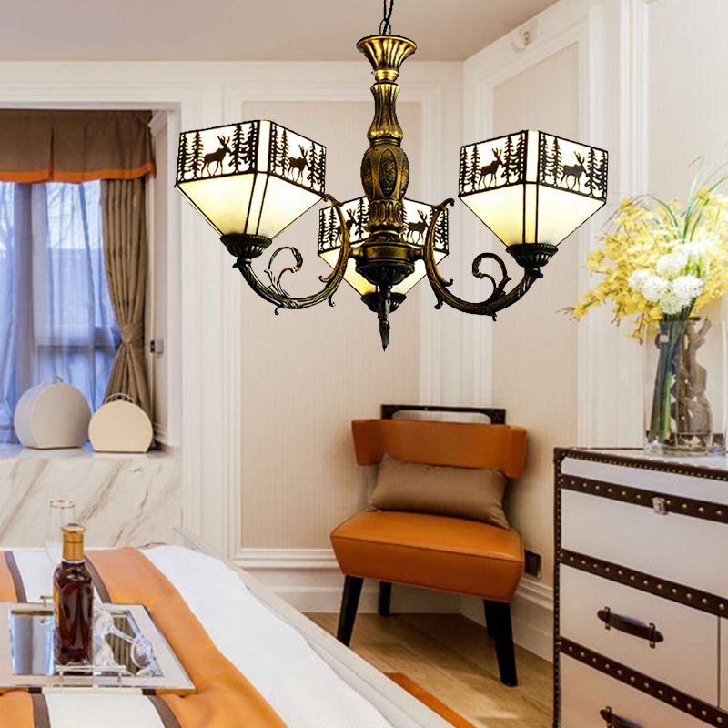 3 Lights Small House Suspended Light Retro Style Stained Glass Inverted Chandelier with Deer and Tree Pattern in White