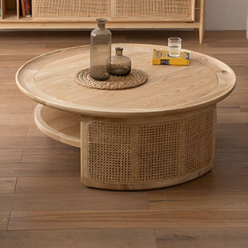 Scandinavian Round Coffee Table with Shelf in Wicker and Solid Wood