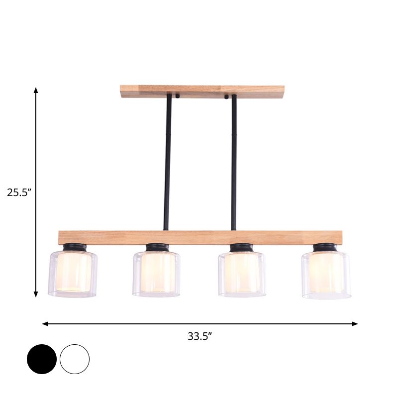 Double Glass Cylinder Shade Island Lighting Restaurant 3/4-Head Nordic Wooden Linear Pendant in White