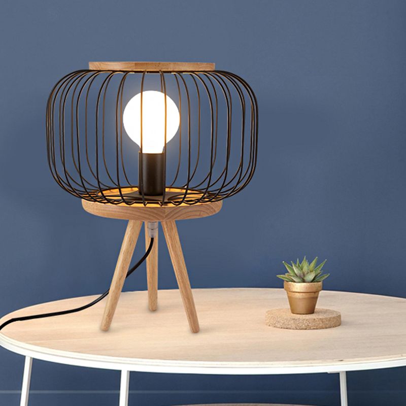 Tavolo da ferro a gabbia leggero modernista 1 testa lampada da scrivania bianca/nera con base di treppiede in legno