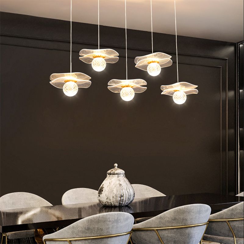 Acrylic Lotus Shaped Suspension Lamp Artistic Minimalist Brass LED Hanging Light for Bedroom