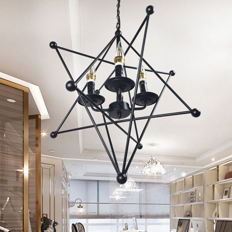 Black Star Cage Chandelier Pendant Light with Candle Retro Style Iron 4 Heads Dining Room Ceiling Light
