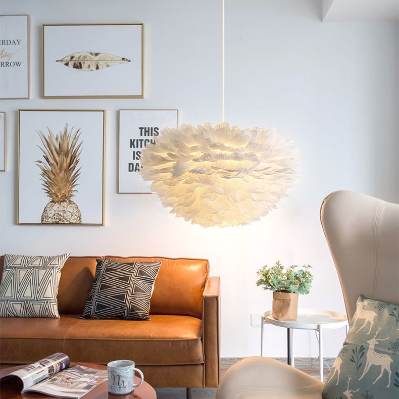 Shaded Bedroom Chandelier Light Fixture Feather Simplistic Ceiling Pendant Light