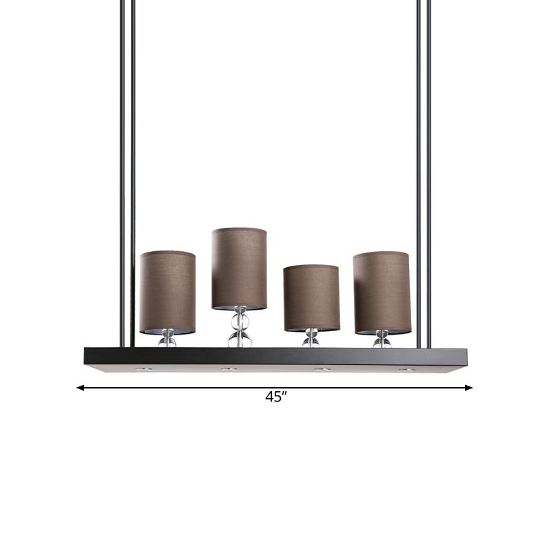 Black Cylinder Island Light Fixture Traditional Fabric 4-Bulb Dining Room Hanging Pendant with Metal Linear Shelf