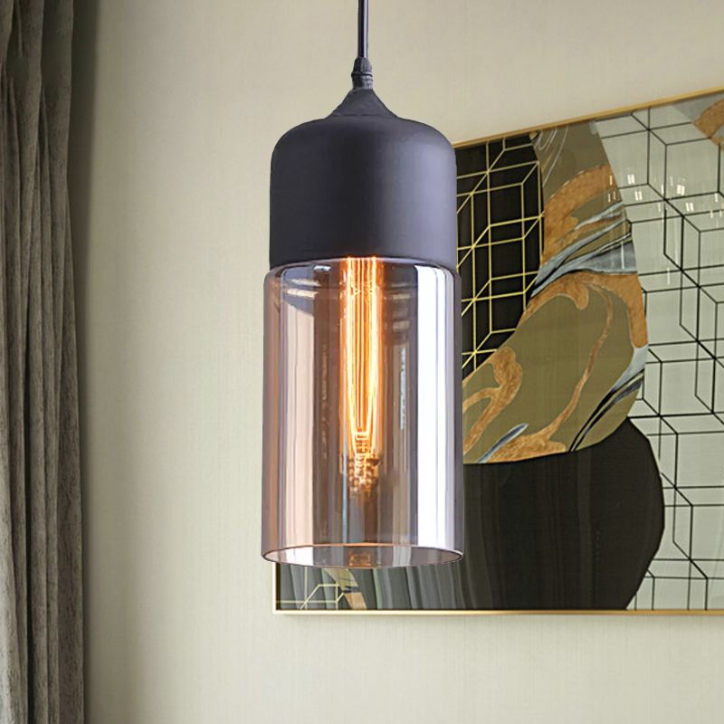 Zylinder Anhänger Beleuchtung Industrie 1 hellbraunes Glas Hanging Deckenlicht in Schwarz, 5 "/7"/8 "breit