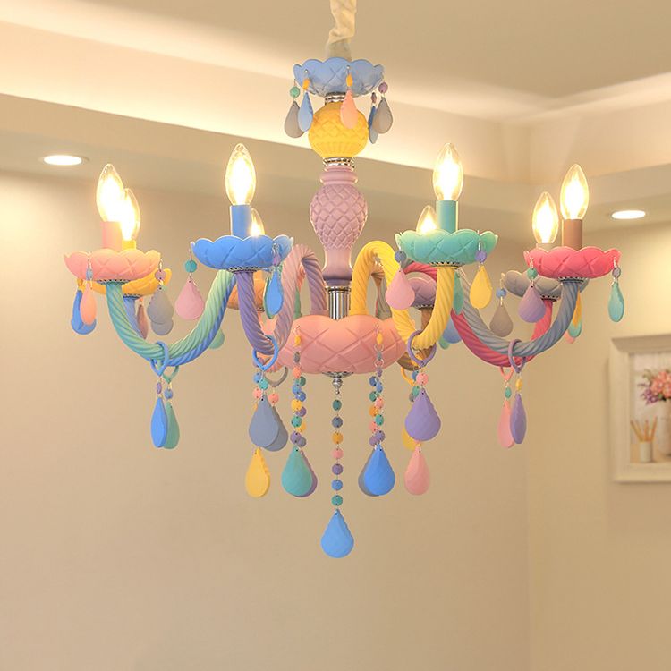 Girl Bedroom Candle Pendant Light Multi-Color Glass Macaron Chandelier