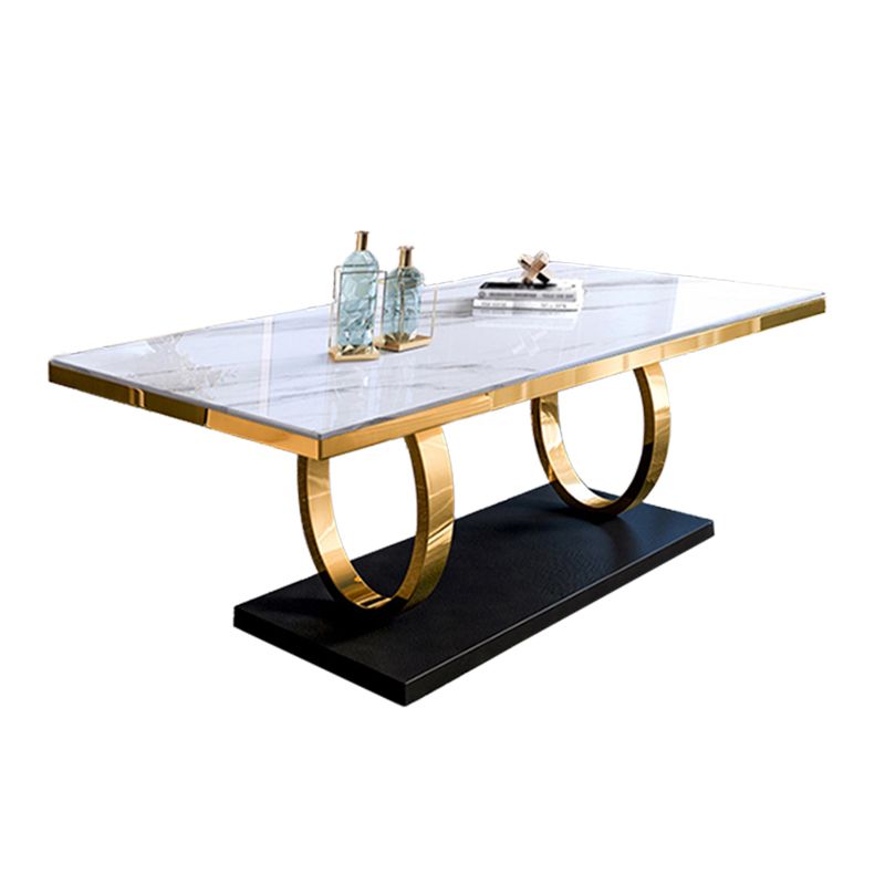 Mesa de comedor tradicional de lujo, mesa rectangular de piedra sinterizada con marco dorado