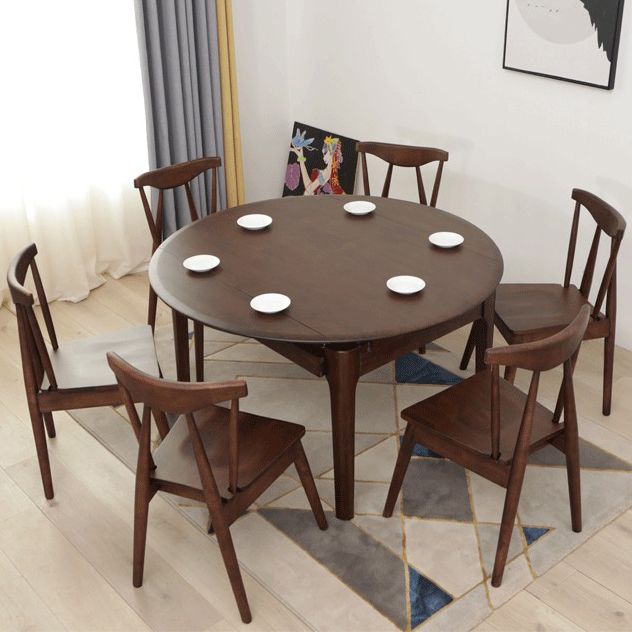 Extendable Rubber Wood Round Table Modern Adjustable Wood Table with 4 Legs