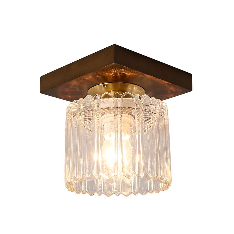 Modern Wood Ceiling Light Geometric Shape Flush Mount with Glass Shade for Living Room