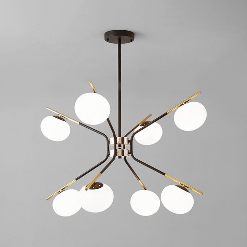 Lampadario a pendente sputnik moderno metallo moderno 8 luci lampada a soffitto a sospensione nera e oro con tonalità di vetro glassata bianca globale