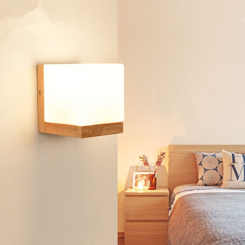 Modern Style Nordic Solid Wooden Sconce Cube Shape LED Wall Mounted Lamp for Bedroom