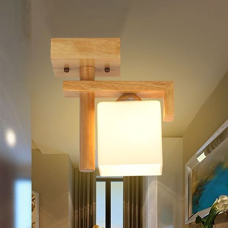 Plafonnier carré en verre dépoli contemporain, lampe semi-encastrée à 1 lumière en bois pour escalier