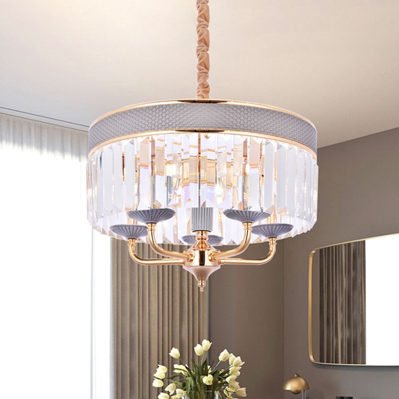Drum Chandelier Lamp Contemporary Crystal Shade 5 Heads Pendant Lighting Fixture with Metal Arm in Grey