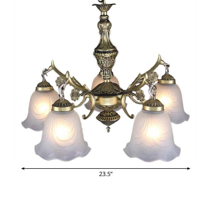 Bronze Floral Down Chandelier Lighting Vintage Frosted Glass 5-Bulb Dining Room Drop Lamp