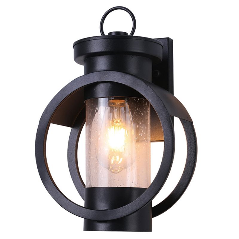 Industrial Style Black Wrought Iron Wall Sconce with Seeded Glass Cylinder Shade Single Bulb Outdoor Lighting Fixture