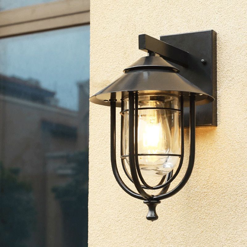 Glass Black Wall Sconce Lighting Caged Industrial Wall Lighting Fixture for Outdoor