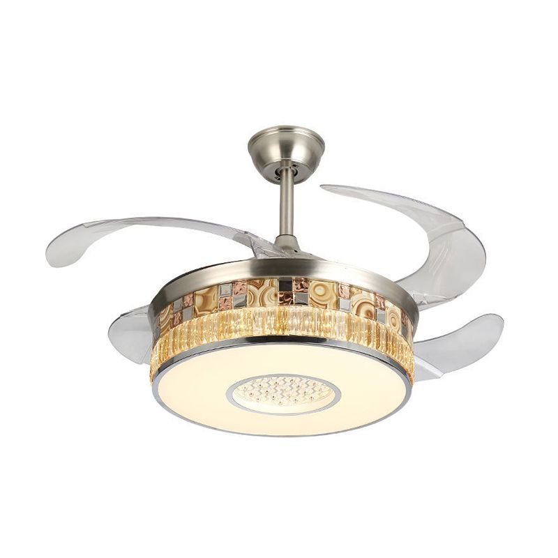 19 "W LED Parlor Semi Flush Mount Minimalism Nikkel 4 Blades Hangende ventilatorlamp met trommelkristalschaduw