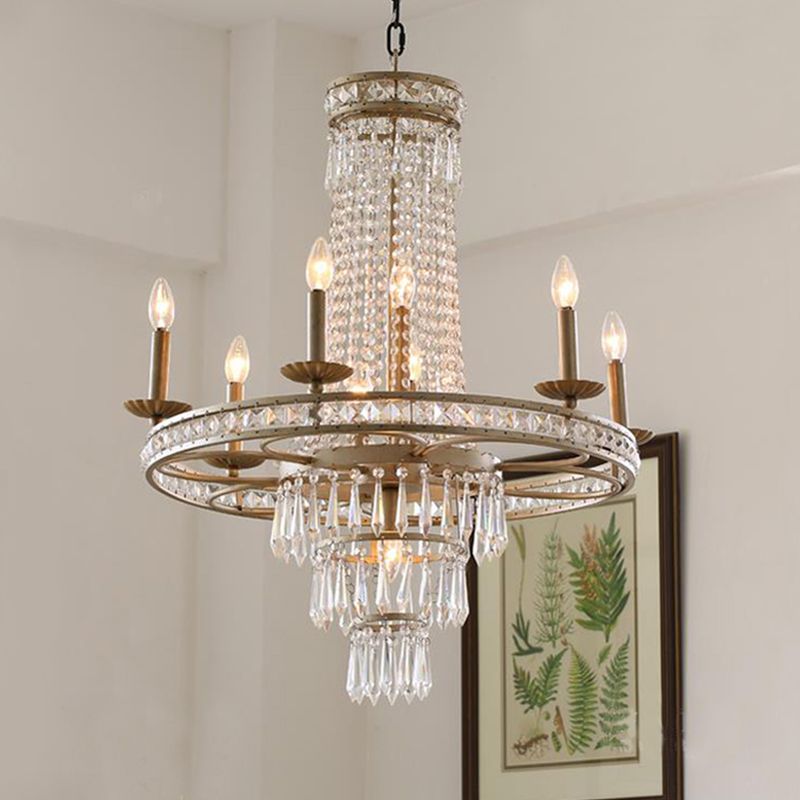 Silver 8/10 Lights Chandelier Countryside Crystal Tiered Ceiling Suspension Lamp for Living Room