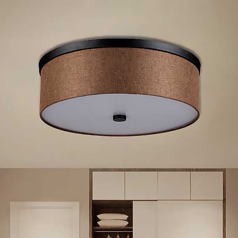 Cylinder Flush Mount Modernism Fabric Brown LED Flush Mount Ceiling Fixture, 16"/19.5" Dia