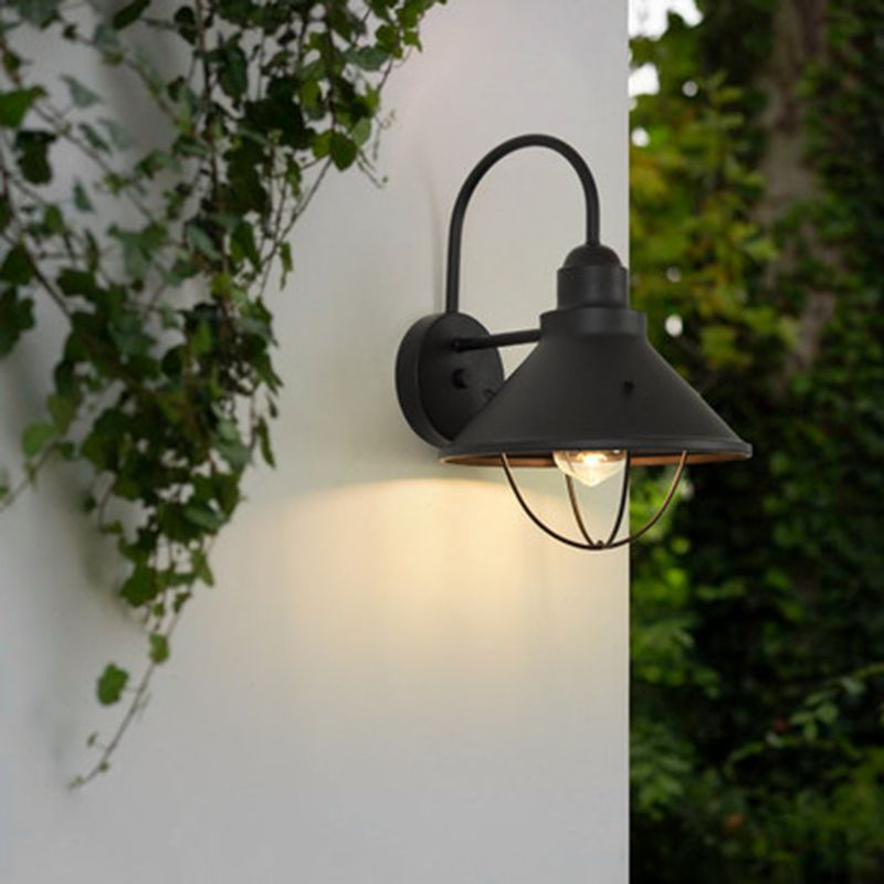 1 Light Wide Flare Lighting Fixture Industrial Black Metal Sconce Light with Cage for Outdoor