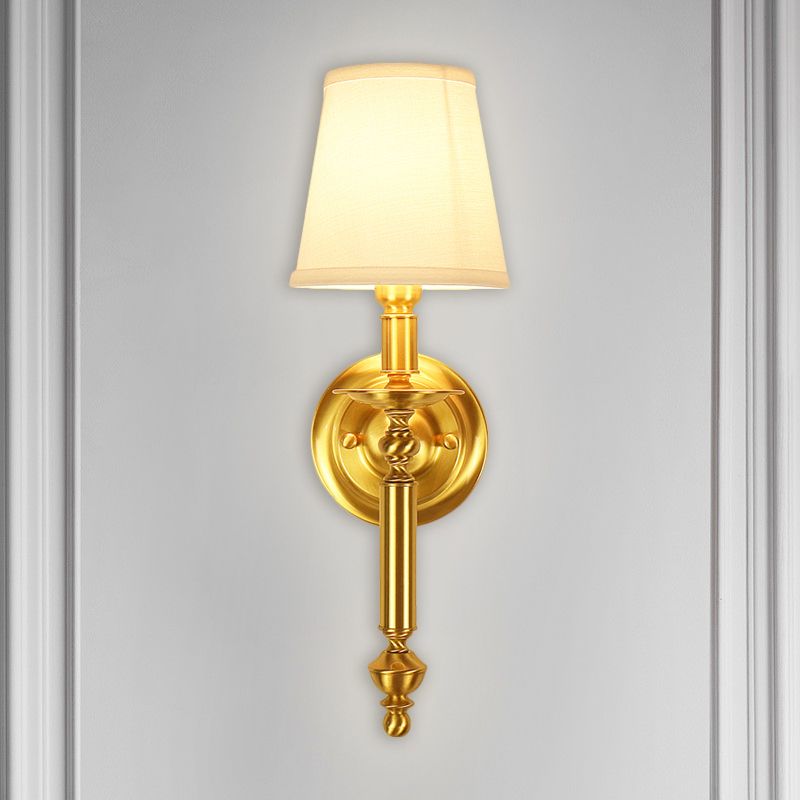 Tapered Bedroom Wall Lighting Country Fabric Single Light Brass Wall Mounted Lamp with Metallic Straight Arm