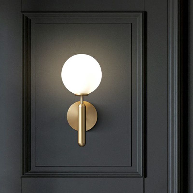 1-Light Living Room Sconce Lighting Minimalist Brass Wall Light with Ball Cream Glass Shade
